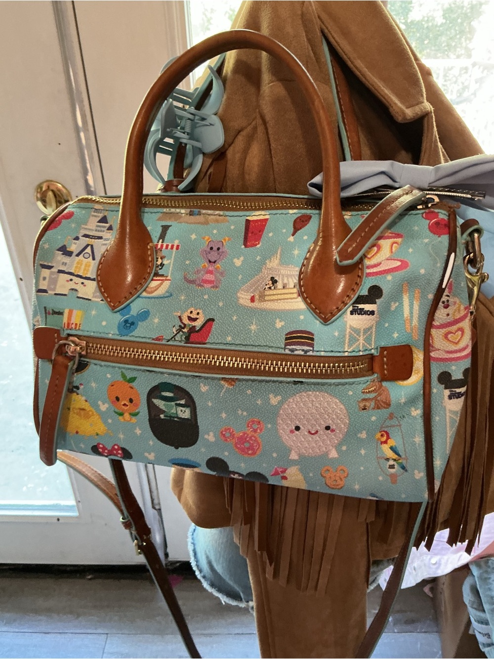 Dooney & Bourke Light Blue Novelty Print Satchel with Brown Trim - Picture 4 of 9